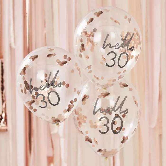 5 palloncini Hello Thirty coriandoli in oro rosa 30 cm