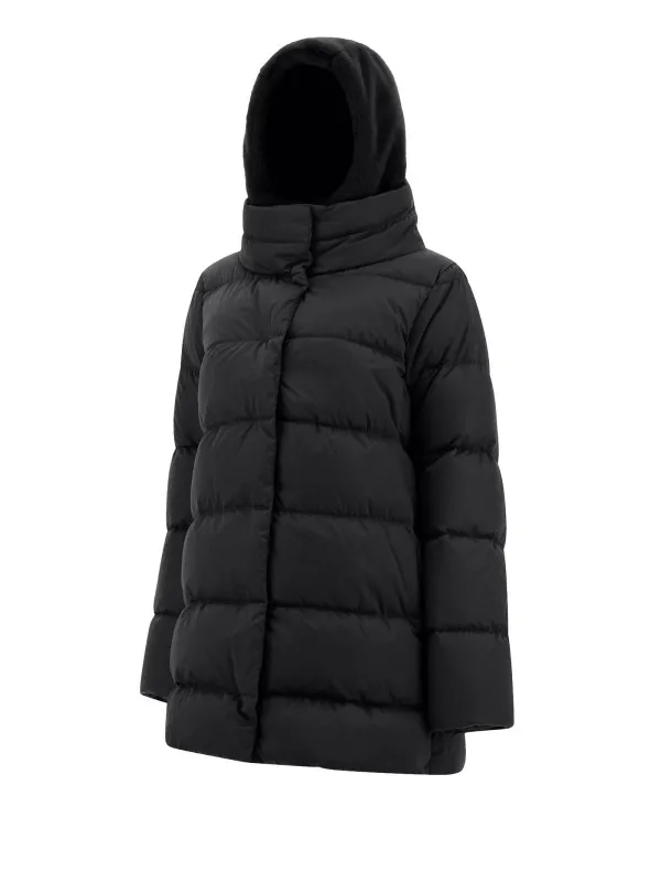 A-shape down jacket in satin and synthetic fur