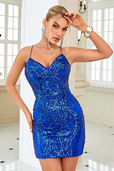 Abito corto da ritorno a casa con paillettes blu royal con spalline Guaina