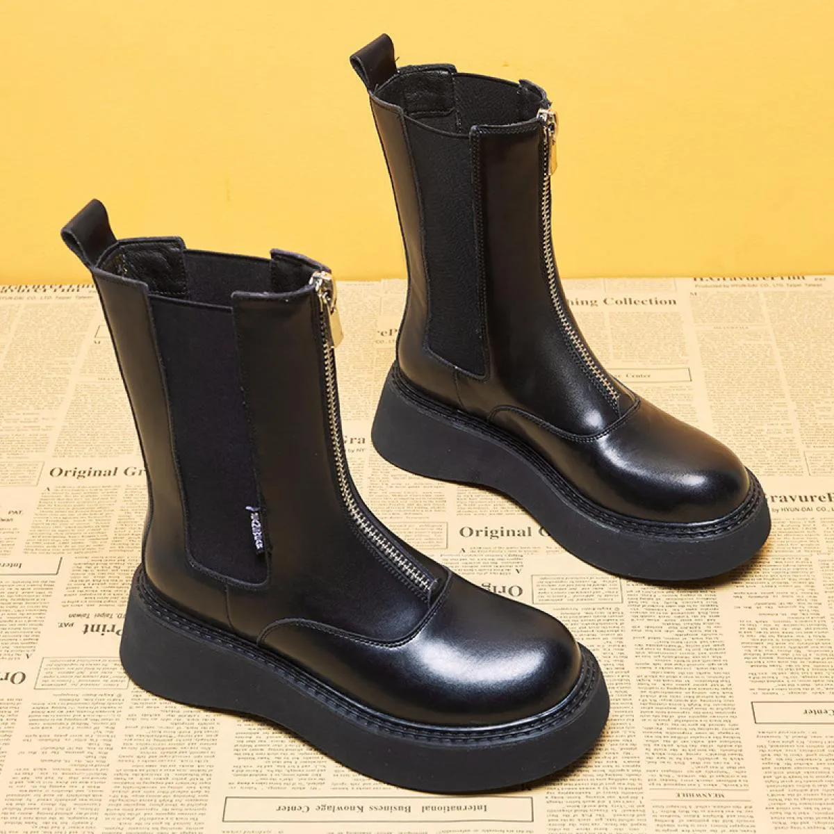 Abito da banchetto per feste alla moda da donna Stivali Chelsea Tacchi alti neri Scarpe in pelle originali Stivaletti con platea