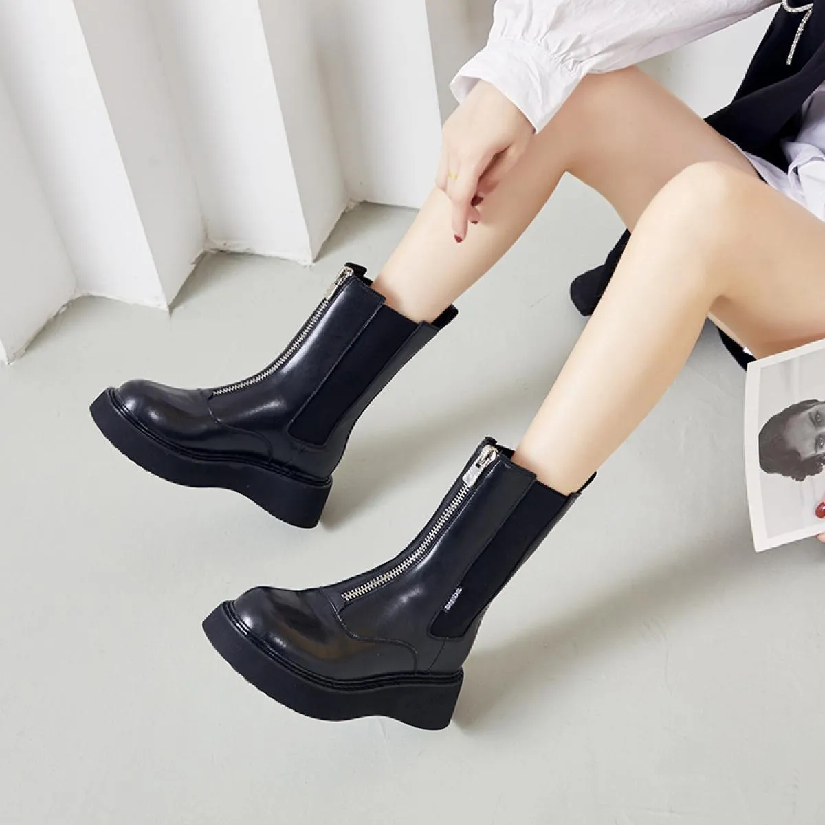 Abito da banchetto per feste alla moda da donna Stivali Chelsea Tacchi alti neri Scarpe in pelle originali Stivaletti con platea