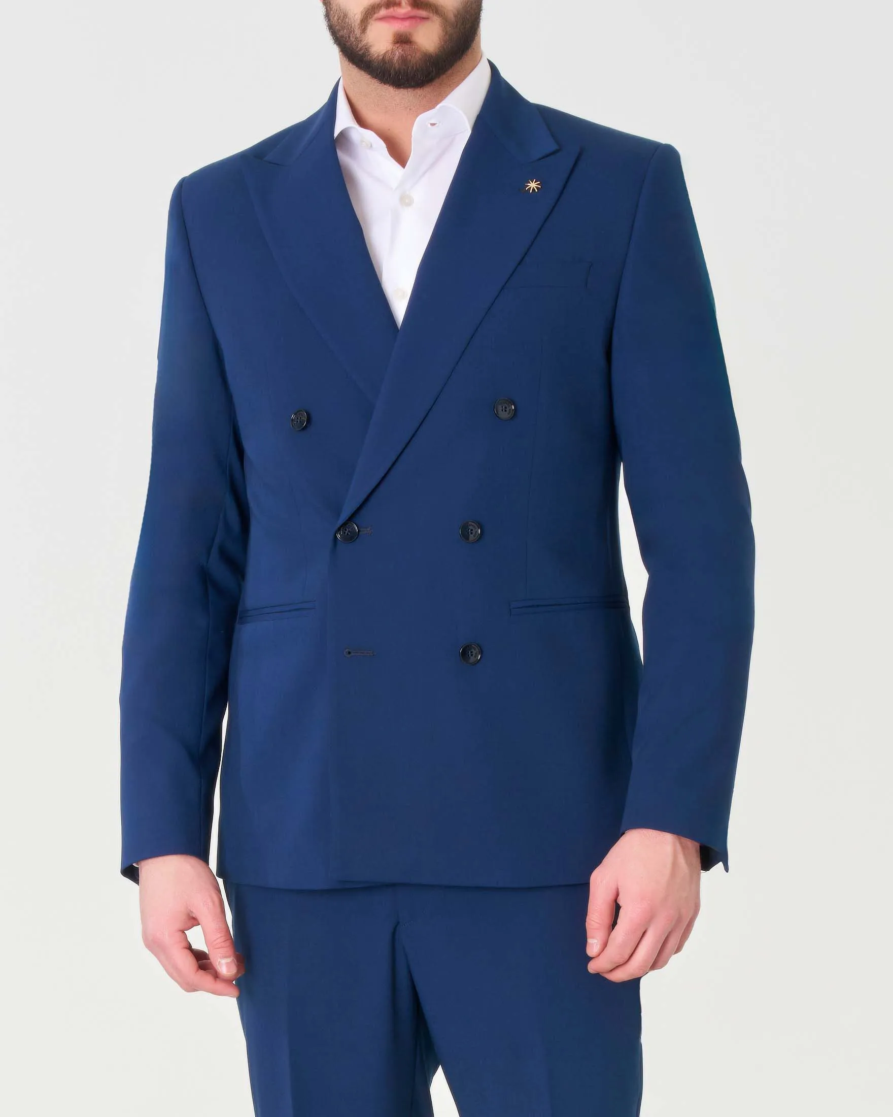 Abito doppiopetto blu indaco in viscosa stretch con rever a lancia