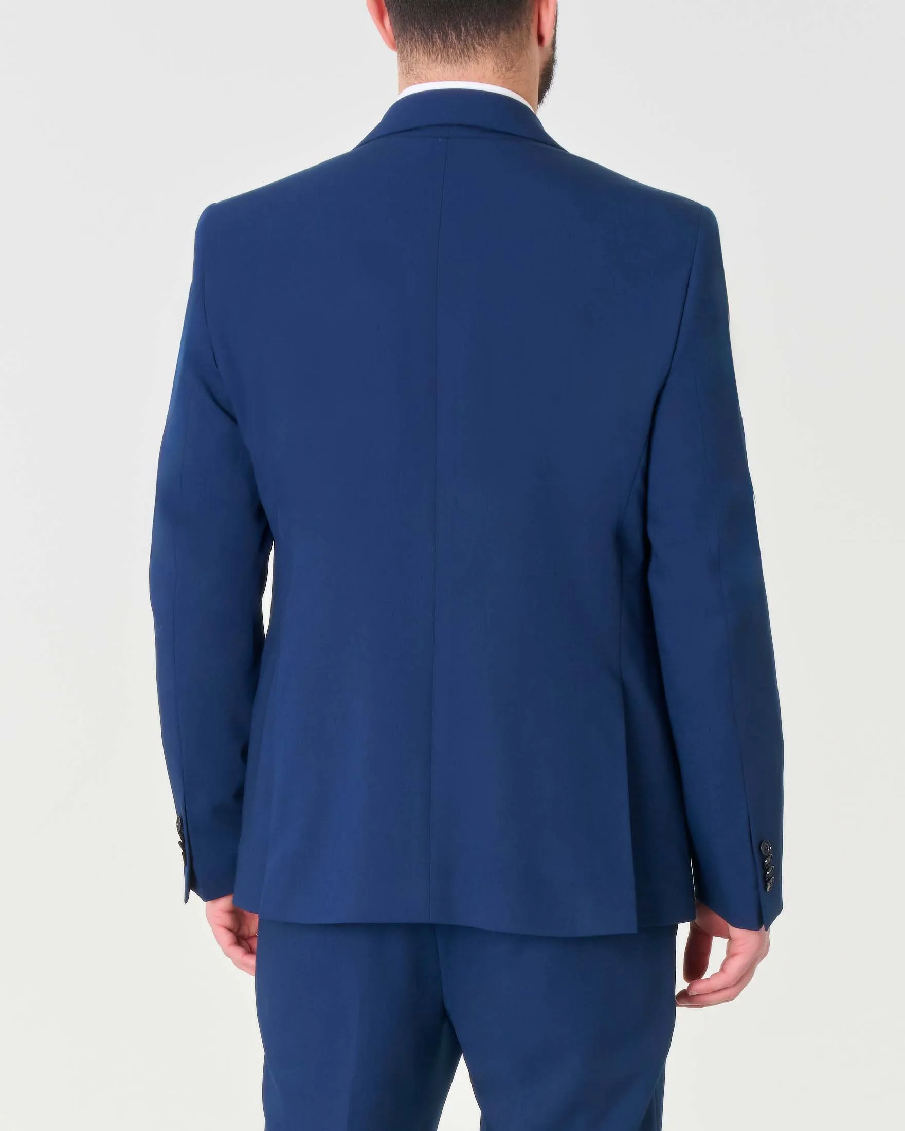 Abito doppiopetto blu indaco in viscosa stretch con rever a lancia