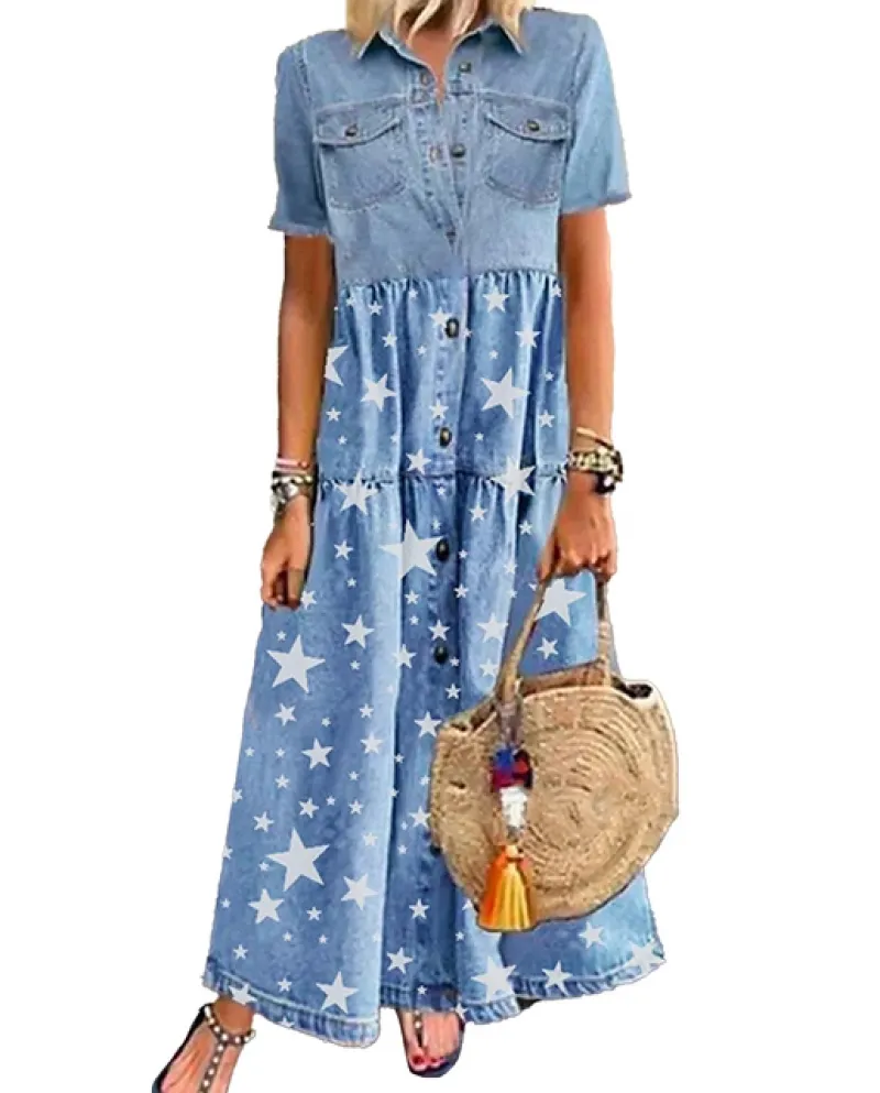 Abito in denim retrò da donna manica corta colletto rovesciato tasche bottone L