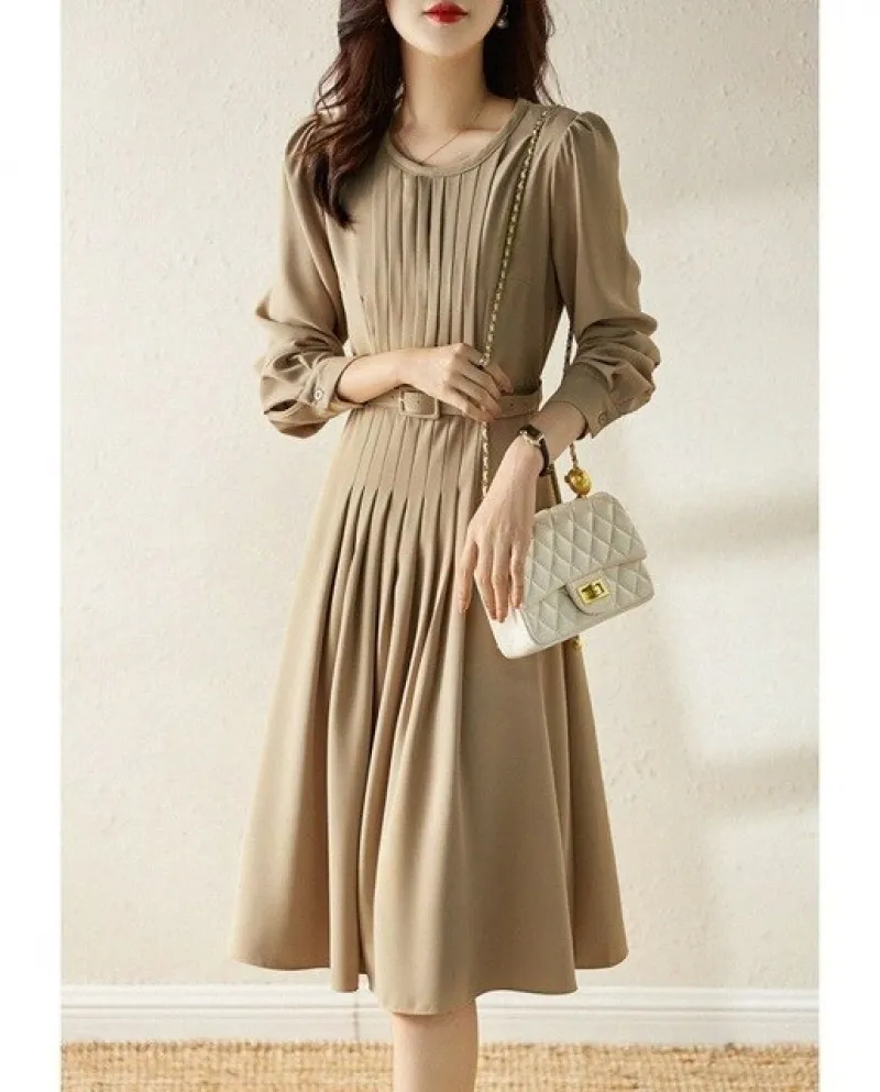 Autumn Female Long Sleeve High Waisted Elegant Midi Dresses Women Solid Color Winter Office Long Dress