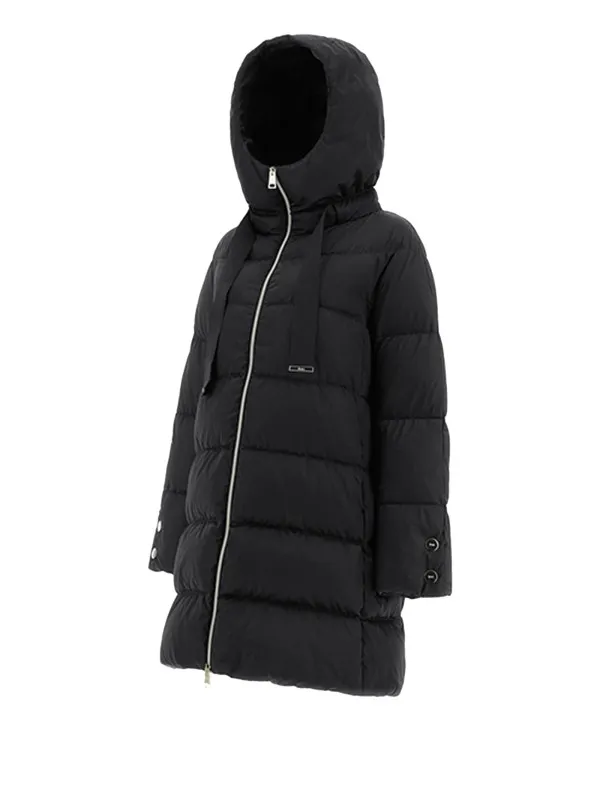 Black satin down jacket with hood and maxi drawstring