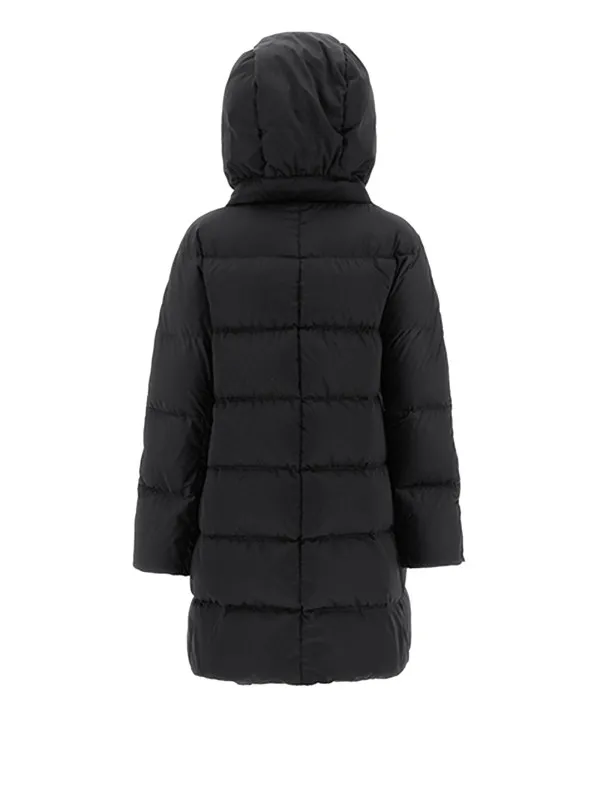 Black satin down jacket with hood and maxi drawstring