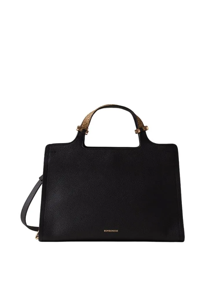 BORSA A MANO BORBONESE IN PELLE BOLT MEDIUM 924272 AR3 480 NERO/OP NATURALE