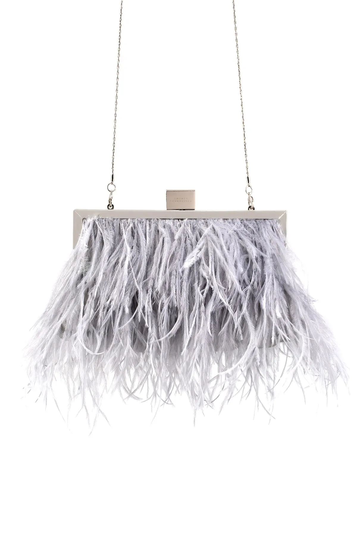 Borsa donna pochette morbida rivestita di piume e chiusura metallica con logo inciso