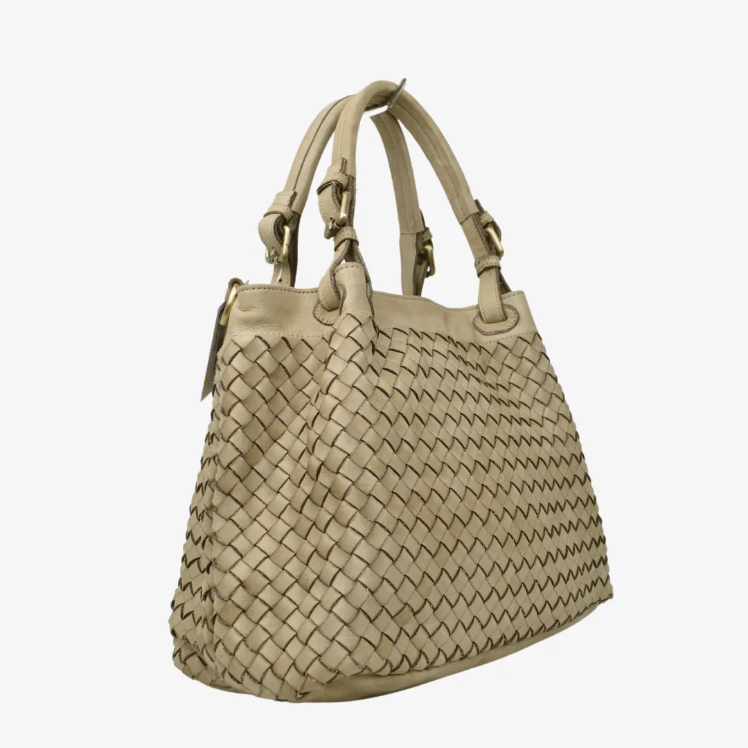 Borsa Intrecciata in Pelle Nappa Taupe Intrecciata con Tracolla