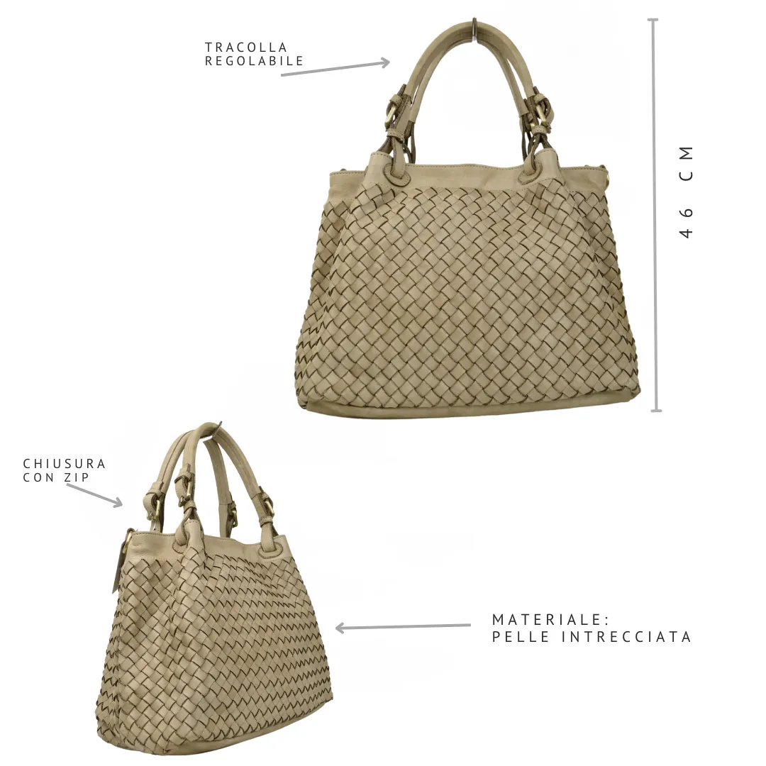 Borsa Intrecciata in Pelle Nappa Taupe Intrecciata con Tracolla