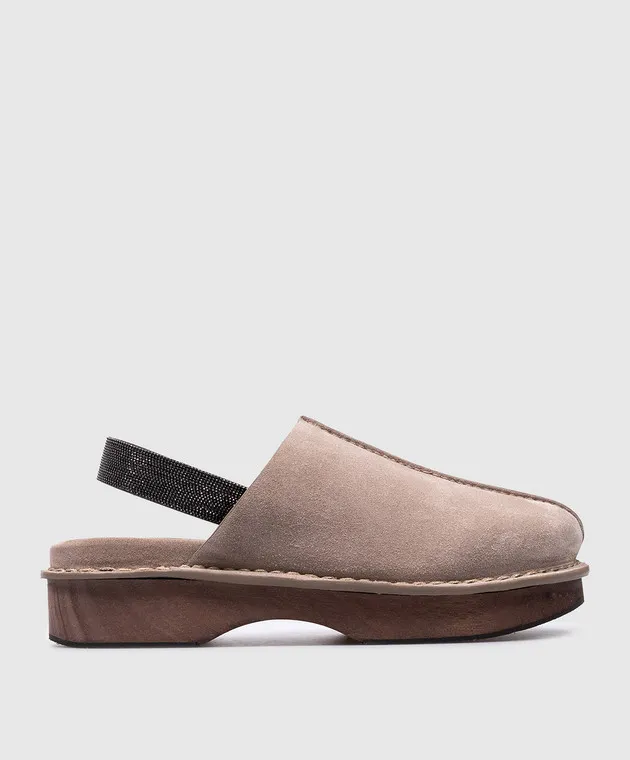 Brunello Cucinelli Zoccoli in camoscio beige con catena monil MZSFG2682
