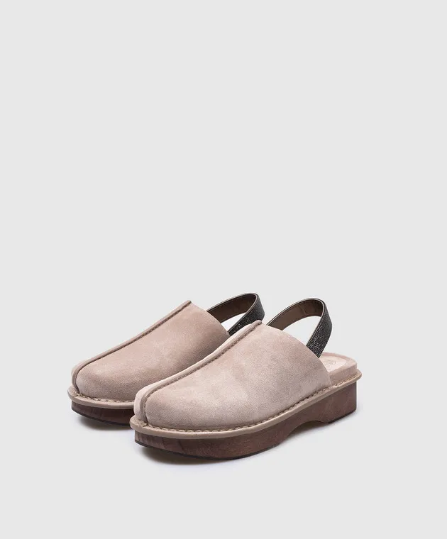 Brunello Cucinelli Zoccoli in camoscio beige con catena monil MZSFG2682