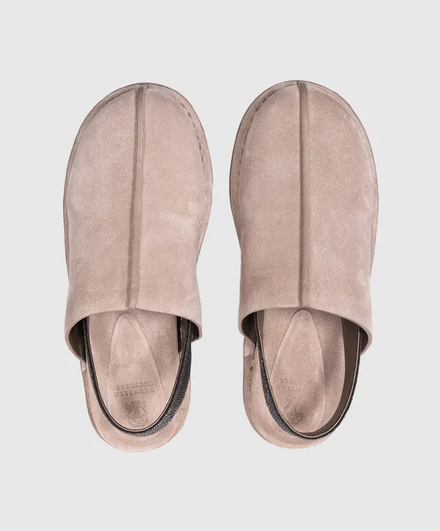 Brunello Cucinelli Zoccoli in camoscio beige con catena monil MZSFG2682