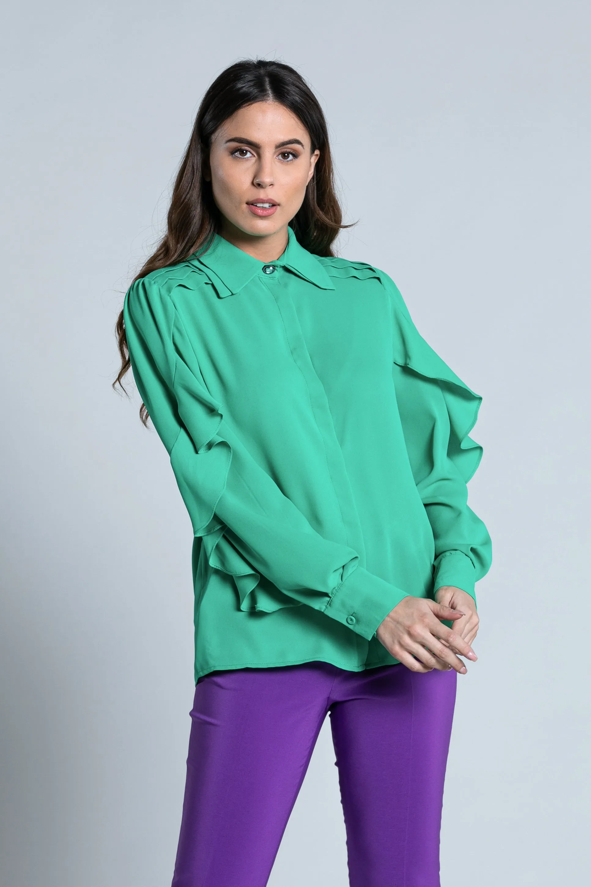 Camicia ARALE manica lunga con rouches doppio colletto più pieghe