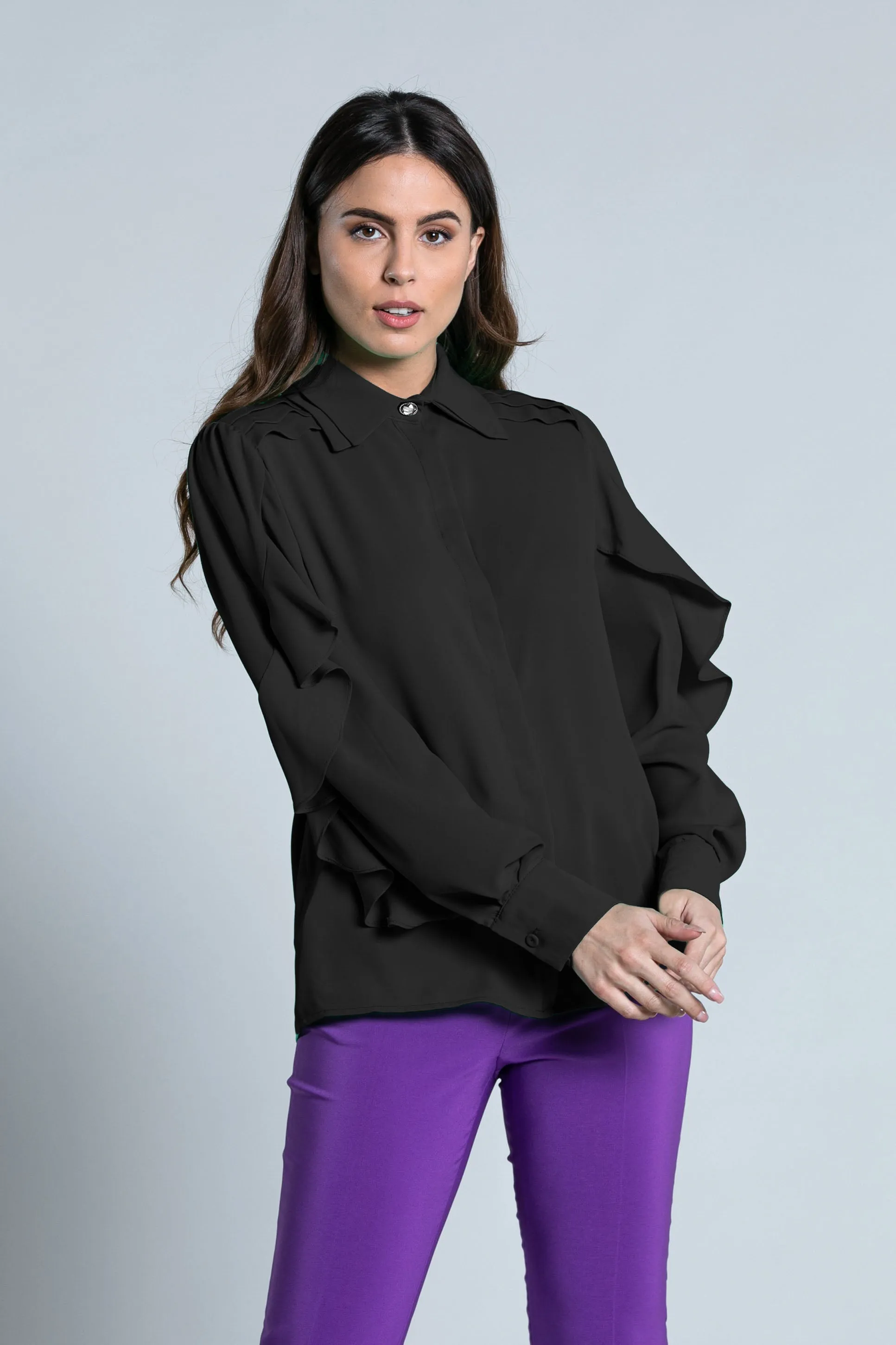 Camicia ARALE manica lunga con rouches doppio colletto più pieghe