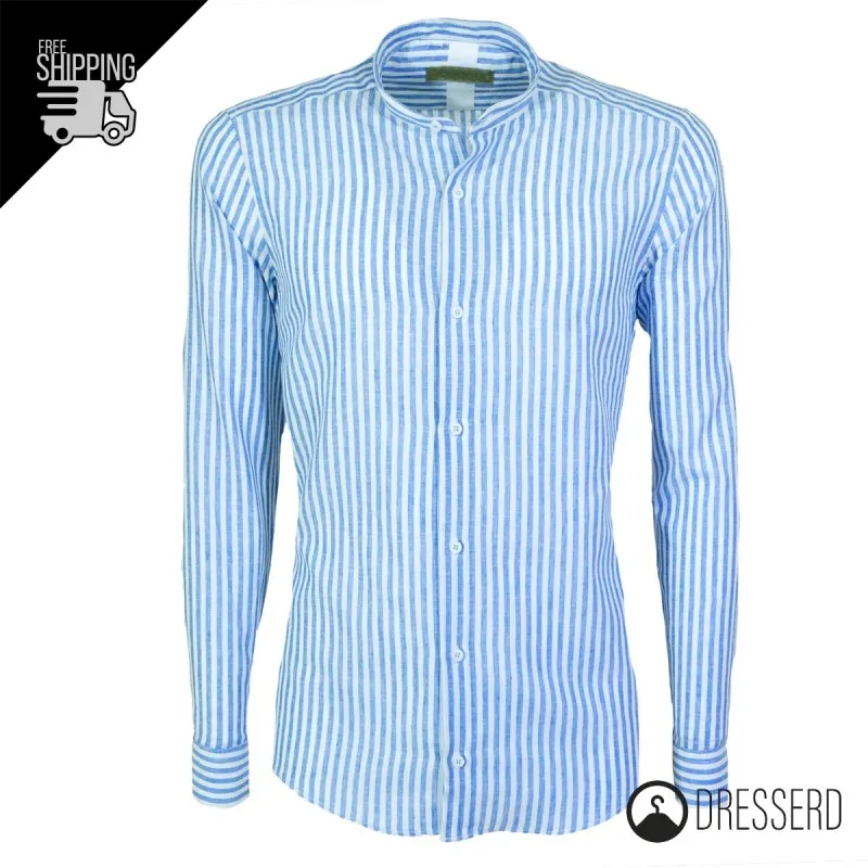 Camicia da Uomo Collo coreano Lino Cotone Slim Fit Rigata, Camicie Dresserd