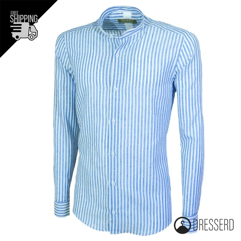 Camicia da Uomo Collo coreano Lino Cotone Slim Fit Rigata, Camicie Dresserd