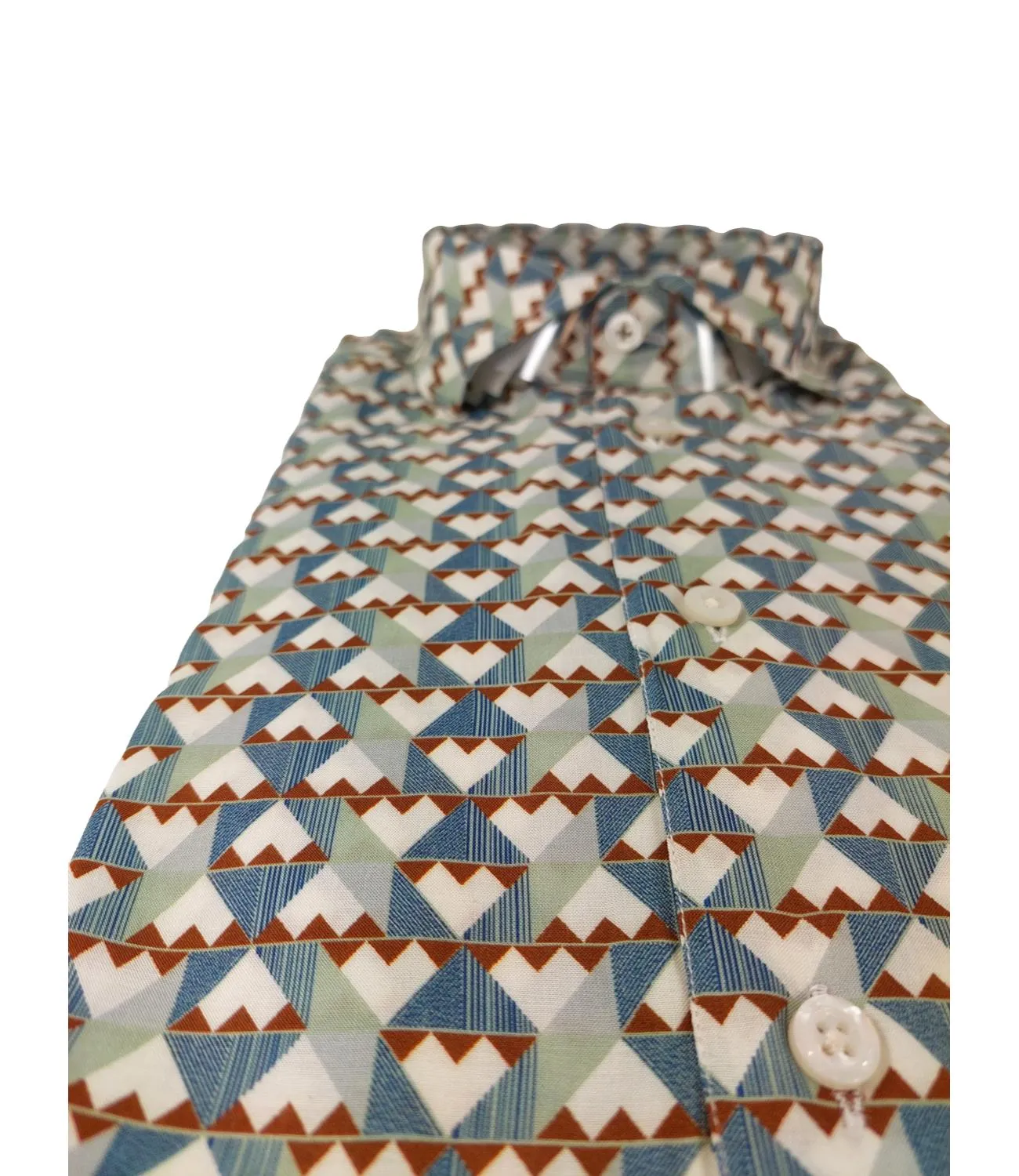 Camicia in cotone linato BASTONCINO con fantasia bianca marrone verde e blu con bottone in madreperla