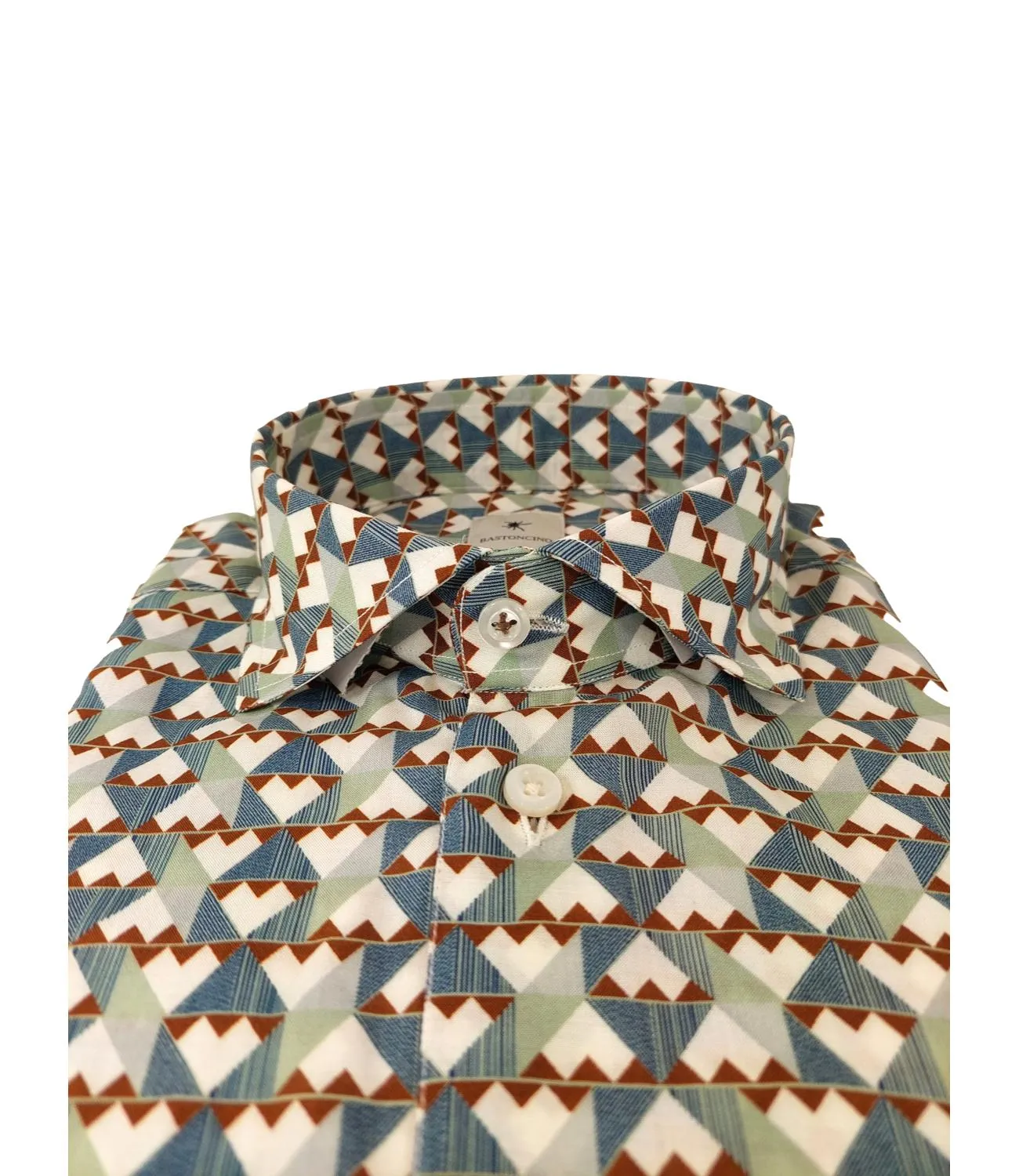 Camicia in cotone linato BASTONCINO con fantasia bianca marrone verde e blu con bottone in madreperla
