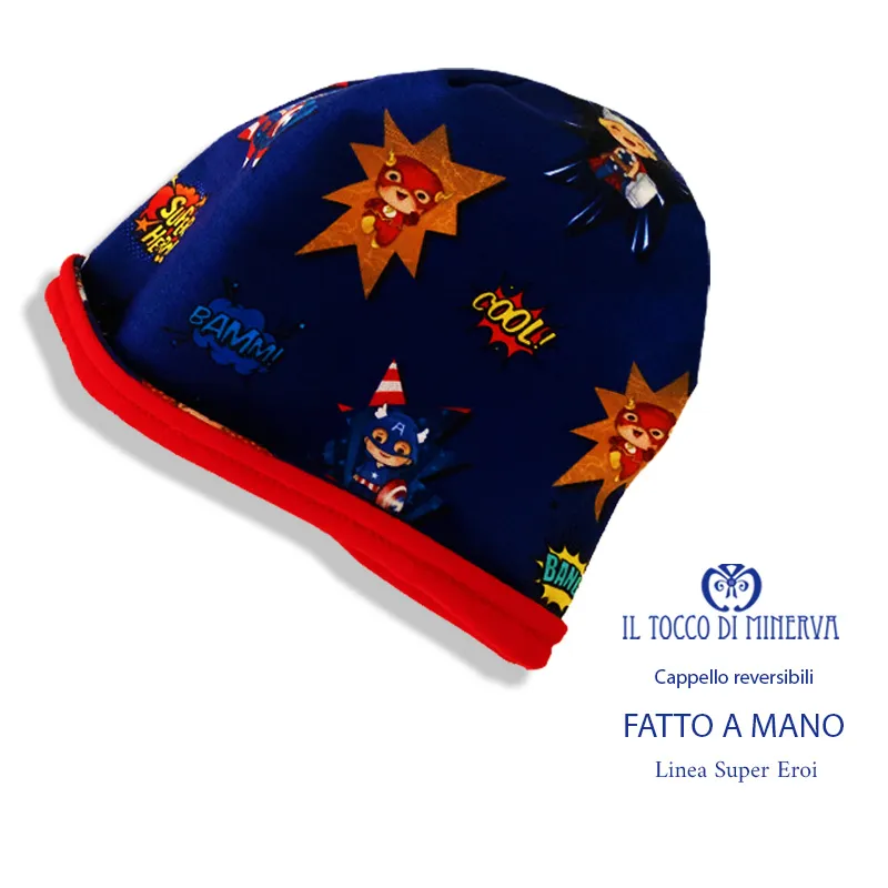 Cappello reversibile felpato bambino fantasia Super Eroi - Fatto a Mano