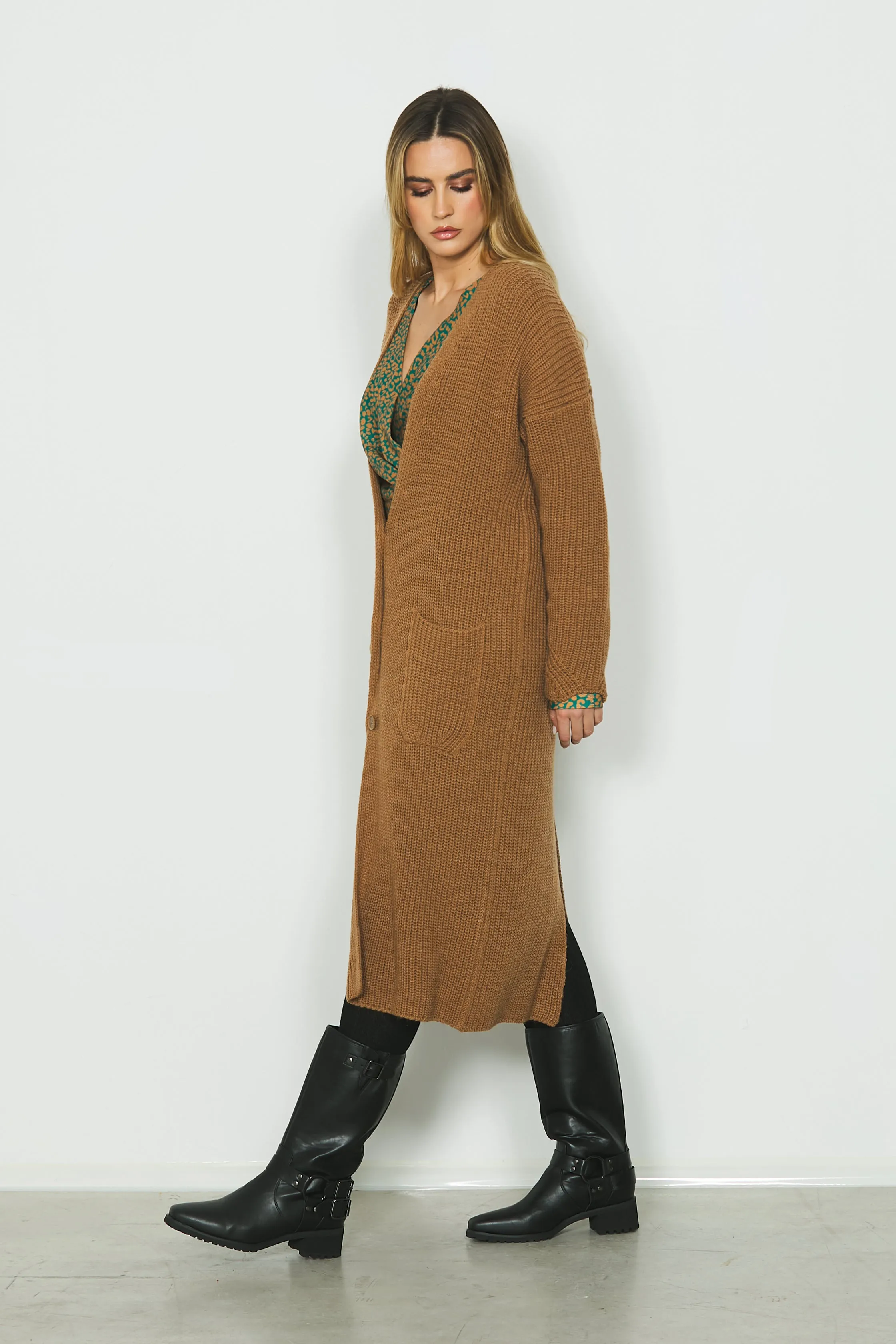 Cardigan KAYLA lungo manica lunga con bottoni più tasche toppa