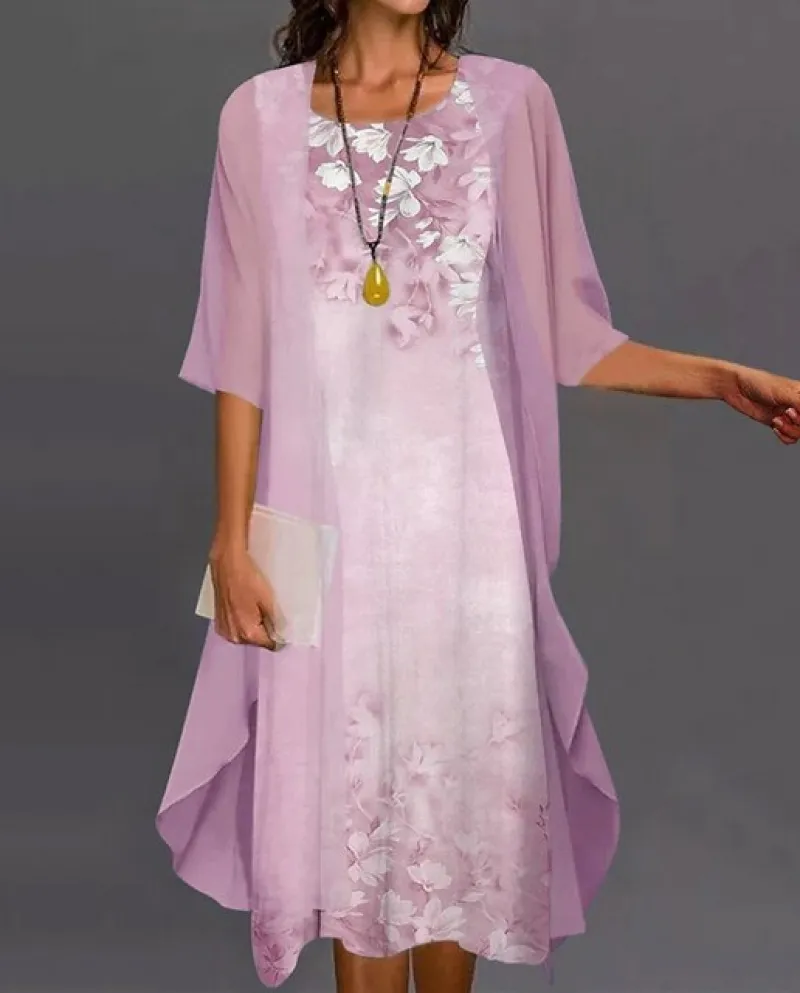 Casual Loose Midi Dress For Women Chiffon Cardigantank Sleeveless Dress 2 Piece Outfits For Old Ladies Vacation Beach D