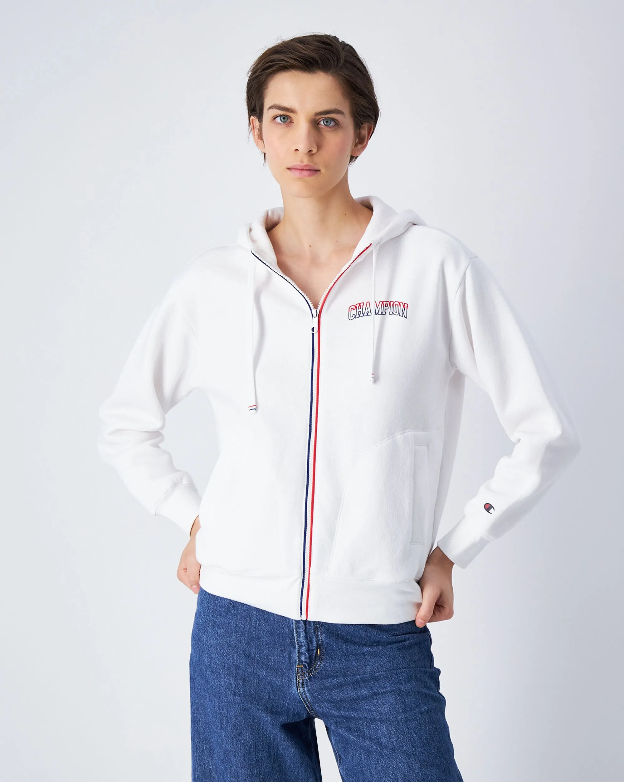 Champion Felpa Con Cappuccio Full Zip Color Punch Bianco Donna