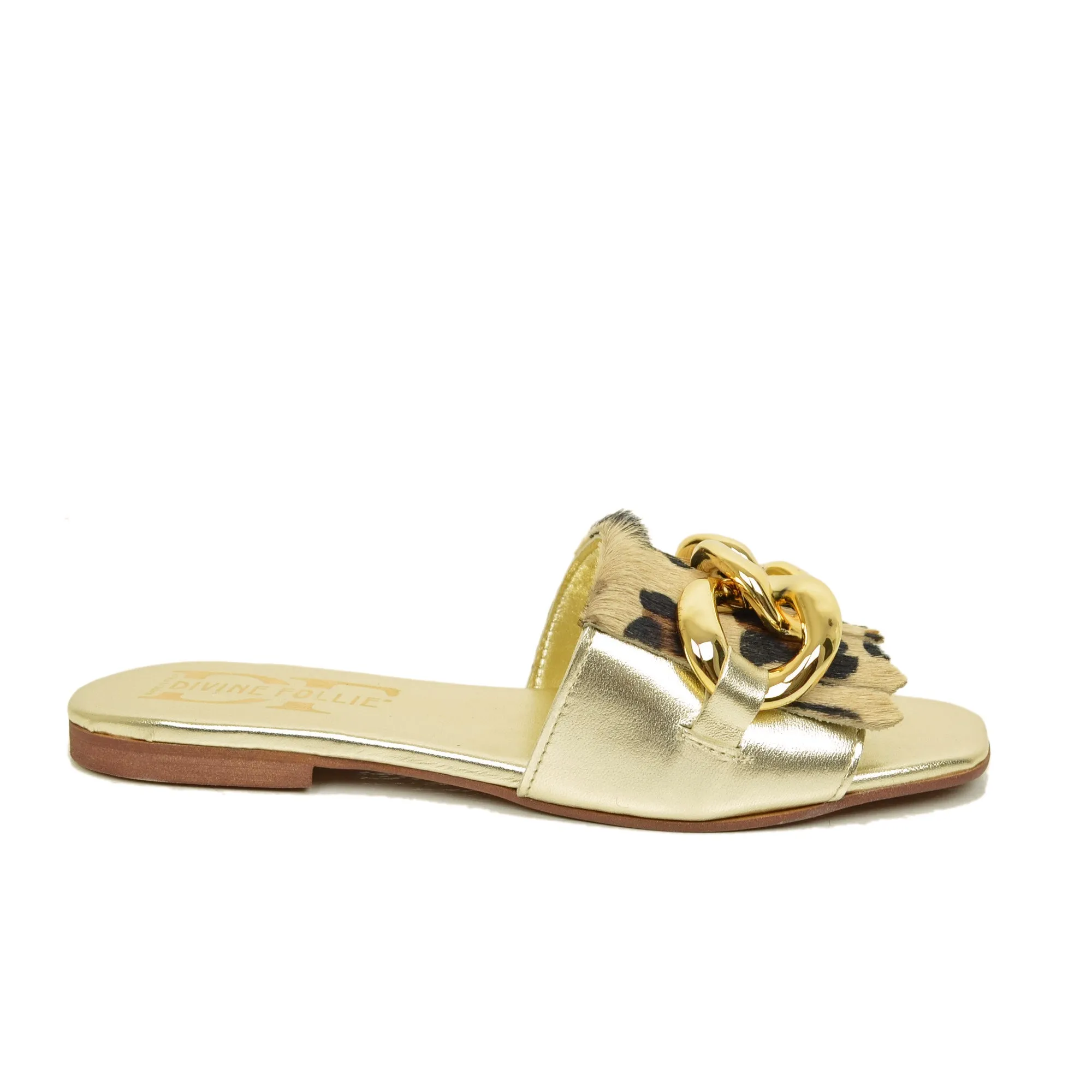 Ciabatte Platino con Catena e Frange Leopardate Made in Italy