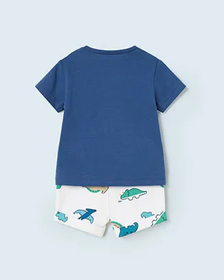 Completo blu e bianco con fantasia dinosauri composto da t-shirt a mezza manica e bermuda abbinati 6-12 mesi
