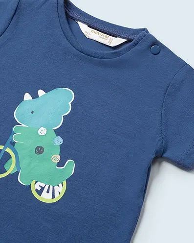 Completo blu e bianco con fantasia dinosauri composto da t-shirt a mezza manica e bermuda abbinati 6-12 mesi