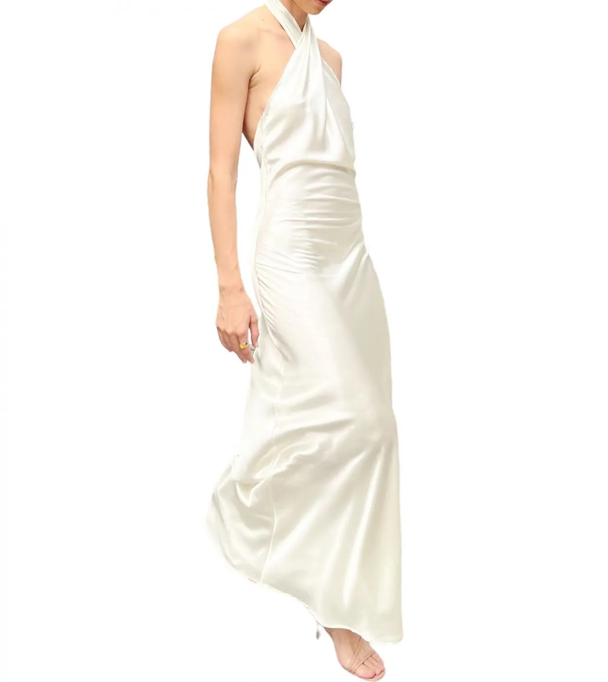 Donne Split Cut Out Halter Neck senza maniche con cinturino per spaghetti Halter Neck Backless Satin Long Dress Beach Party Stre