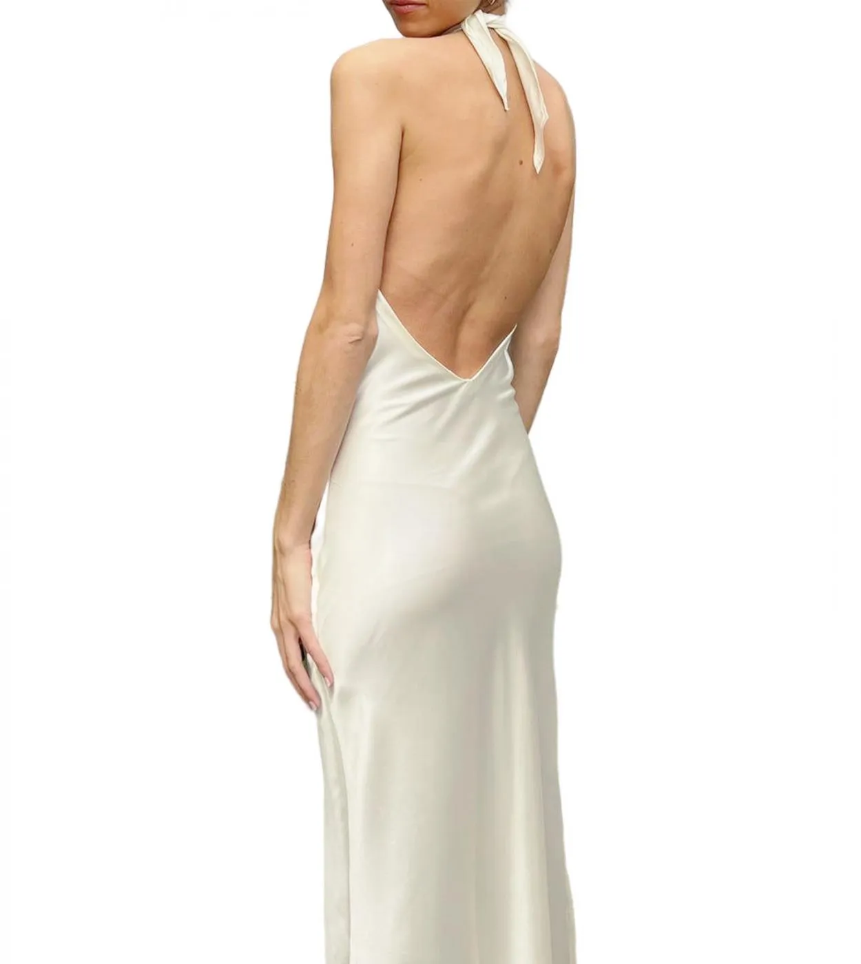 Donne Split Cut Out Halter Neck senza maniche con cinturino per spaghetti Halter Neck Backless Satin Long Dress Beach Party Stre
