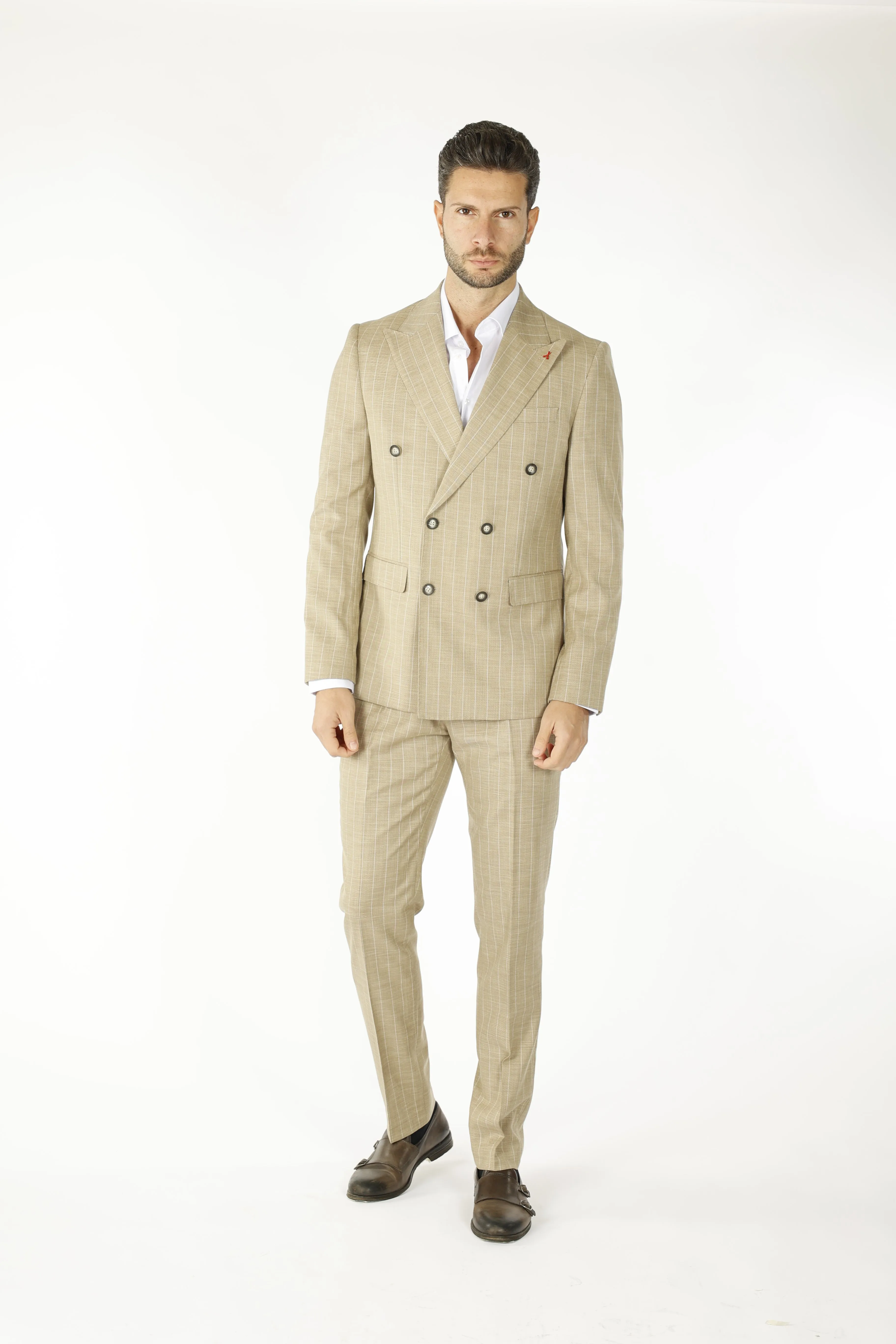 doppiopetto gessato beige-            