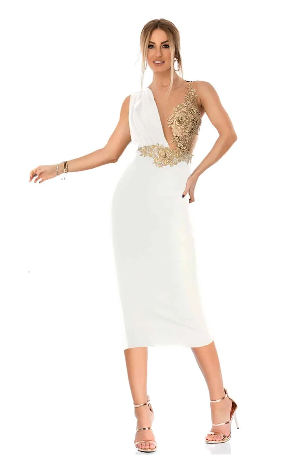 Elegante abito a tubino con ricamo oro