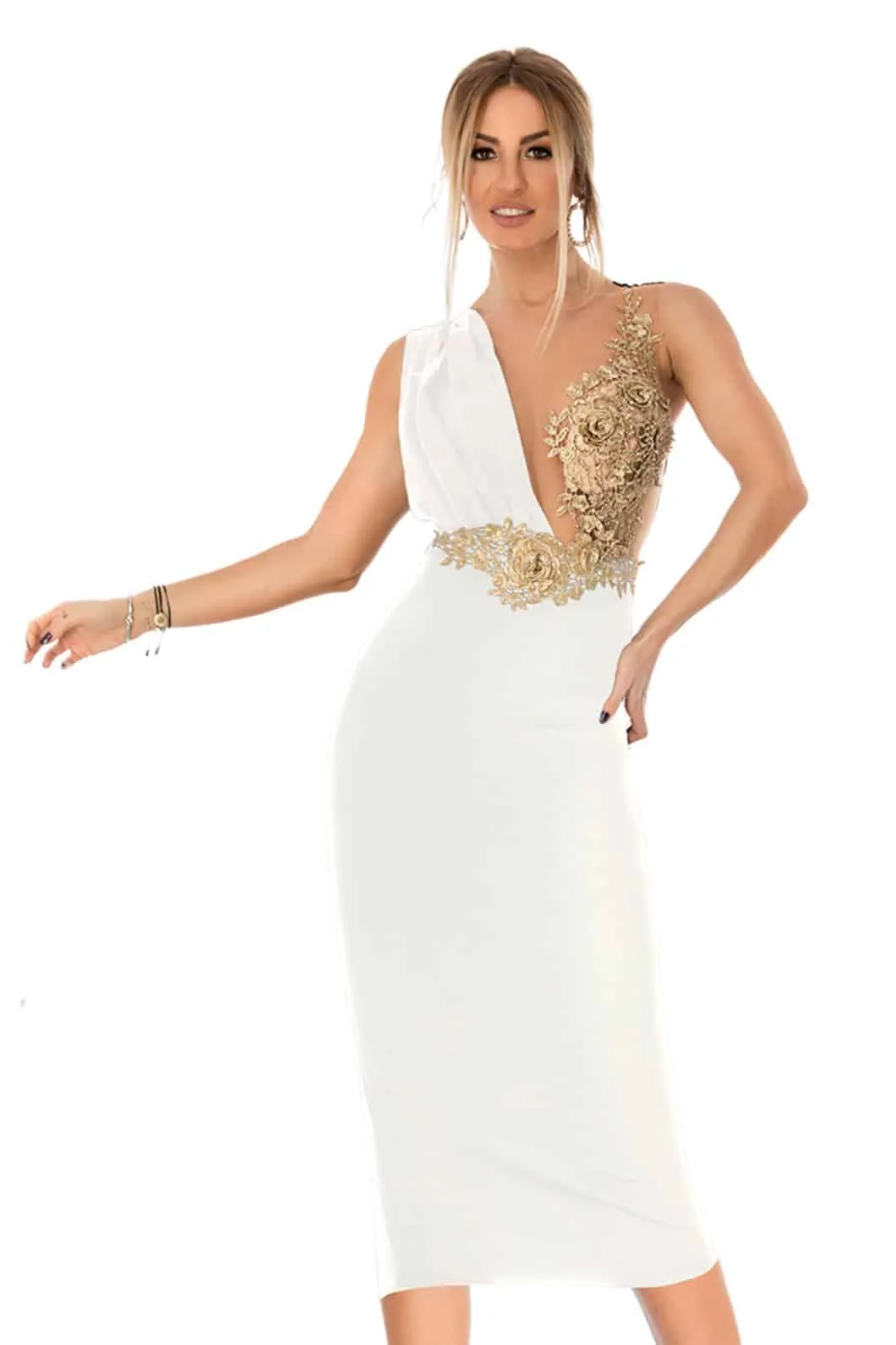 Elegante abito a tubino con ricamo oro