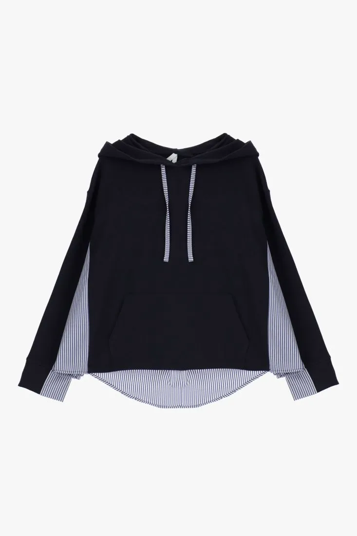 Felpa con cappuccio, coulisse e inserti fantasia rigata