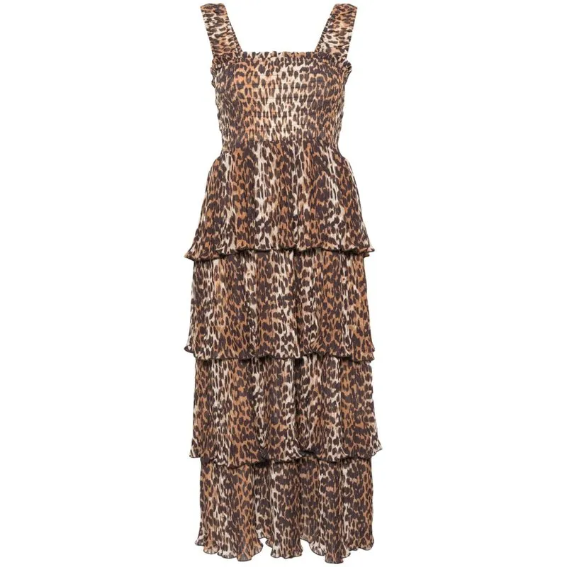 Ganni Pleated Georgette Flounce Smock Midi Dress F8861