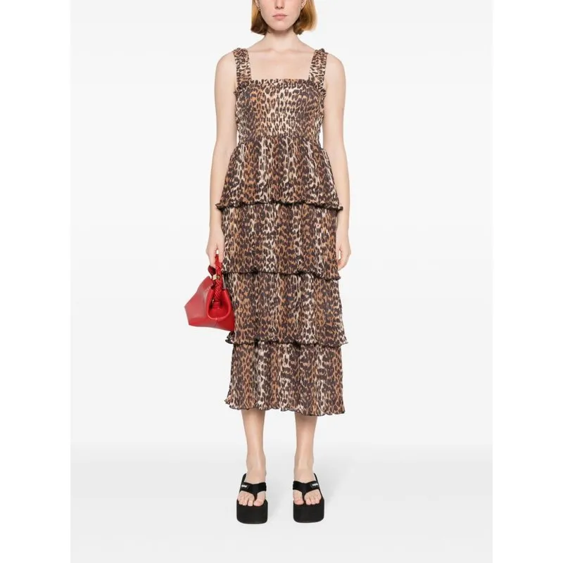 Ganni Pleated Georgette Flounce Smock Midi Dress F8861