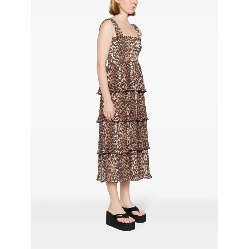 Ganni Pleated Georgette Flounce Smock Midi Dress F8861