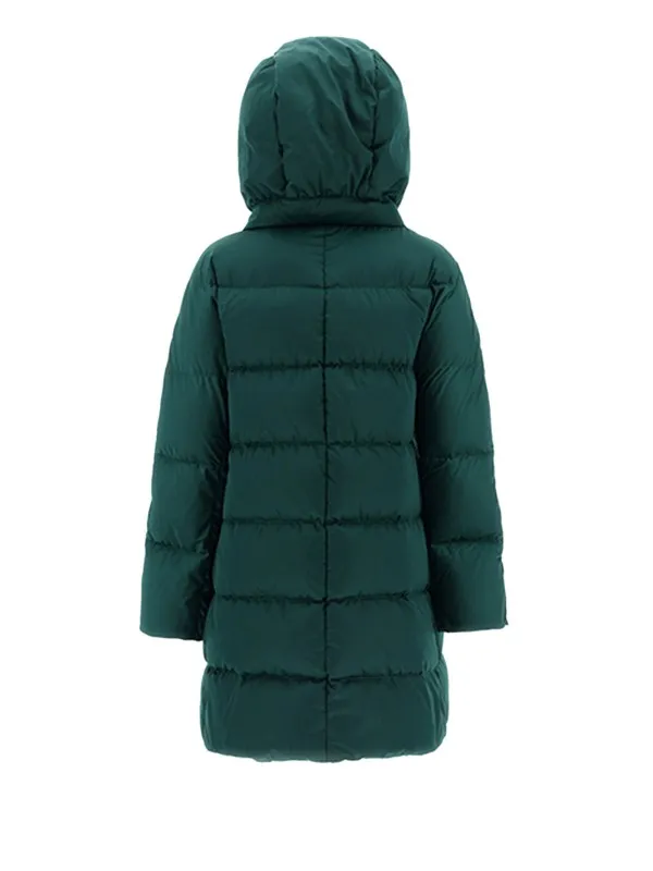 Green satin down jacket with hood and maxi drawstring