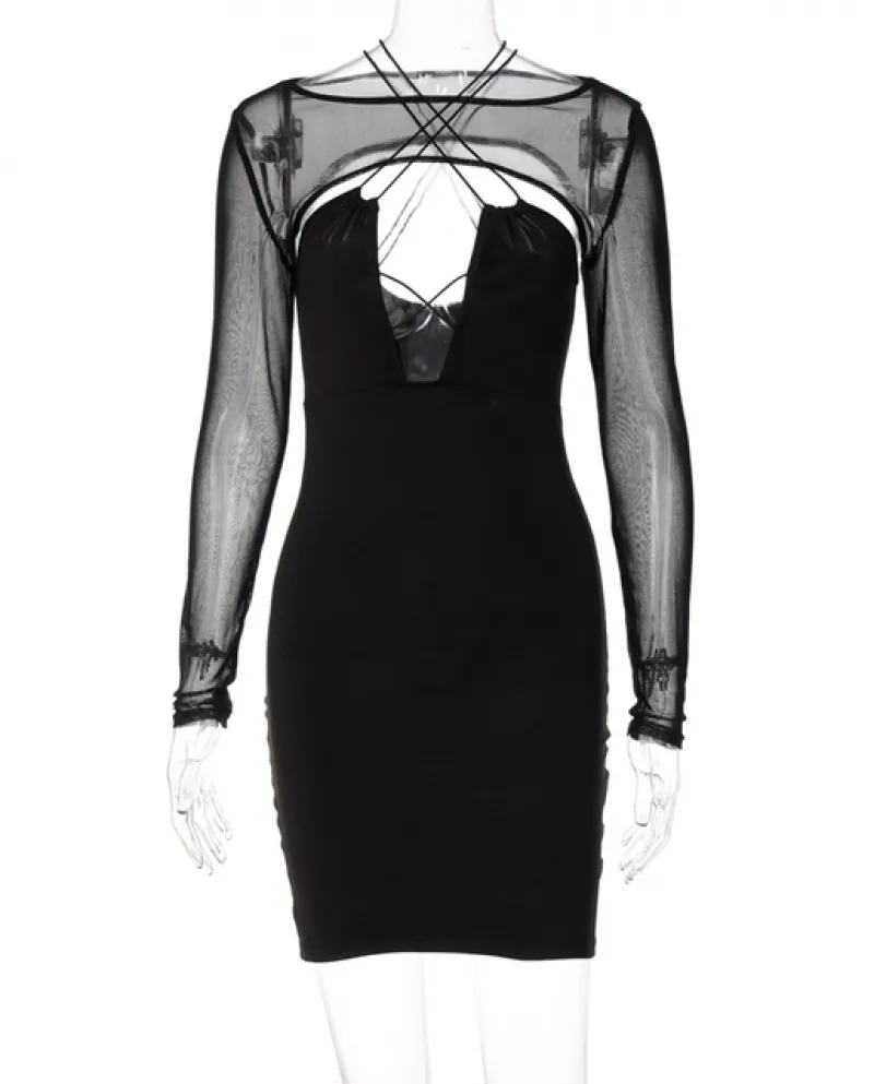 Hirigin Autunno Inverno Donna Con Cinturino Incrociato Con Scollo A V Mini Abito Manica Lunga