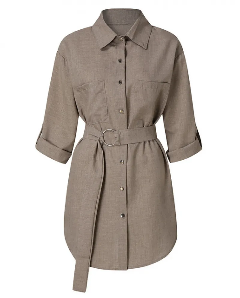 Hirigin Primavera Camicetta Donna Casual Manica Lunga Turn Down Mini Abito Ol