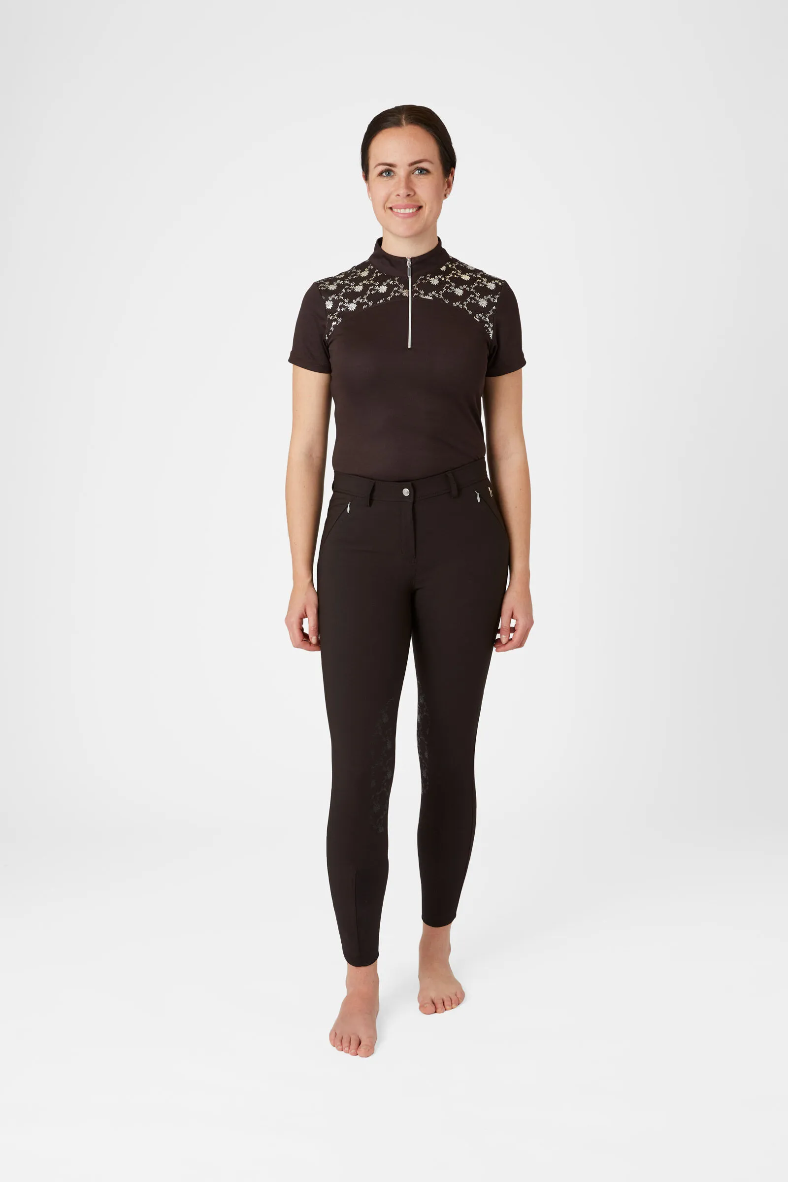 Horze Kaitlin Pantaloni da equitazione con patch al ginocchio e dettaglio floreale da donna