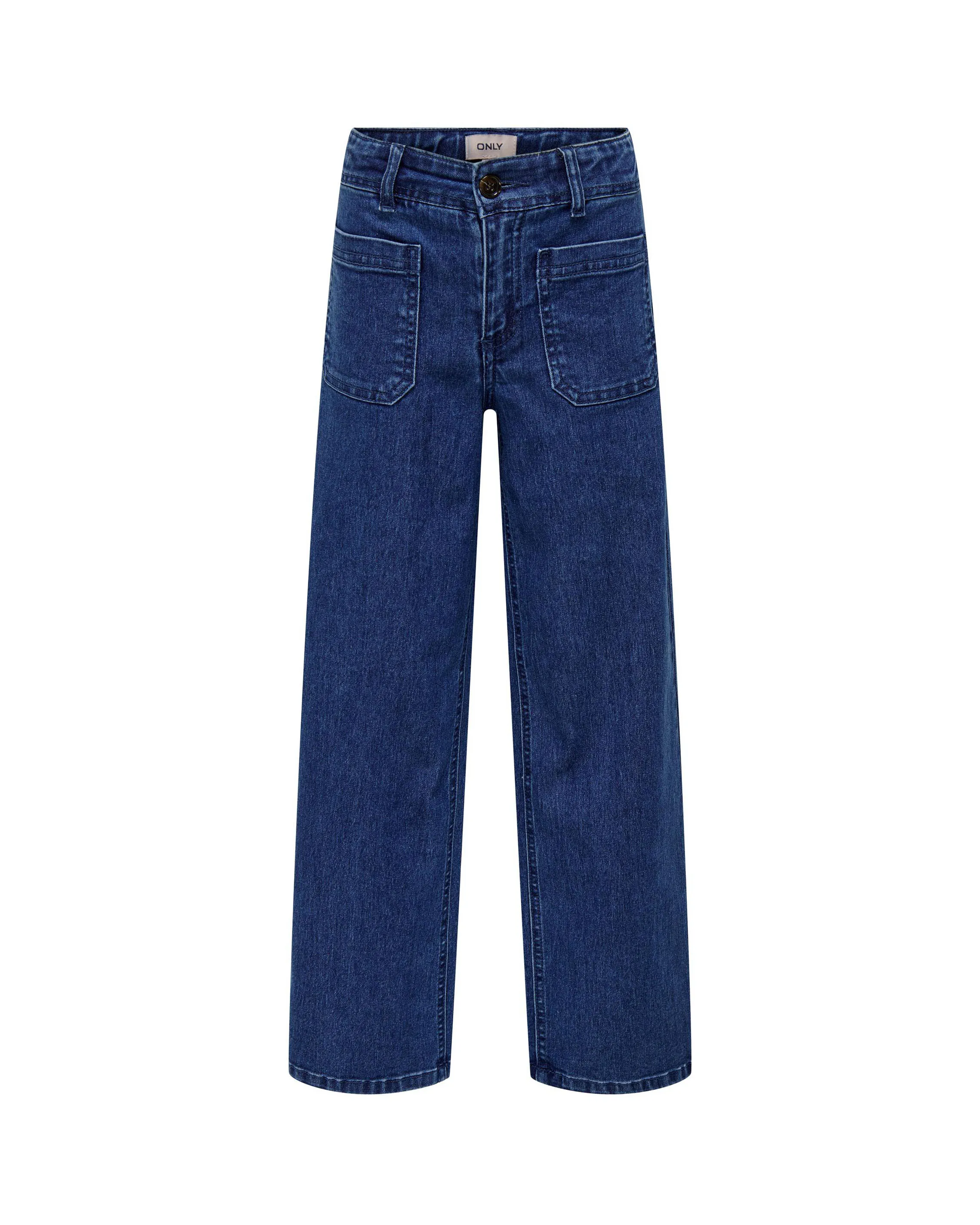 Jeans a vita media wide leg lavaggio scuro in cotone stretch con taschini applicati sul davanti 10-14 anni