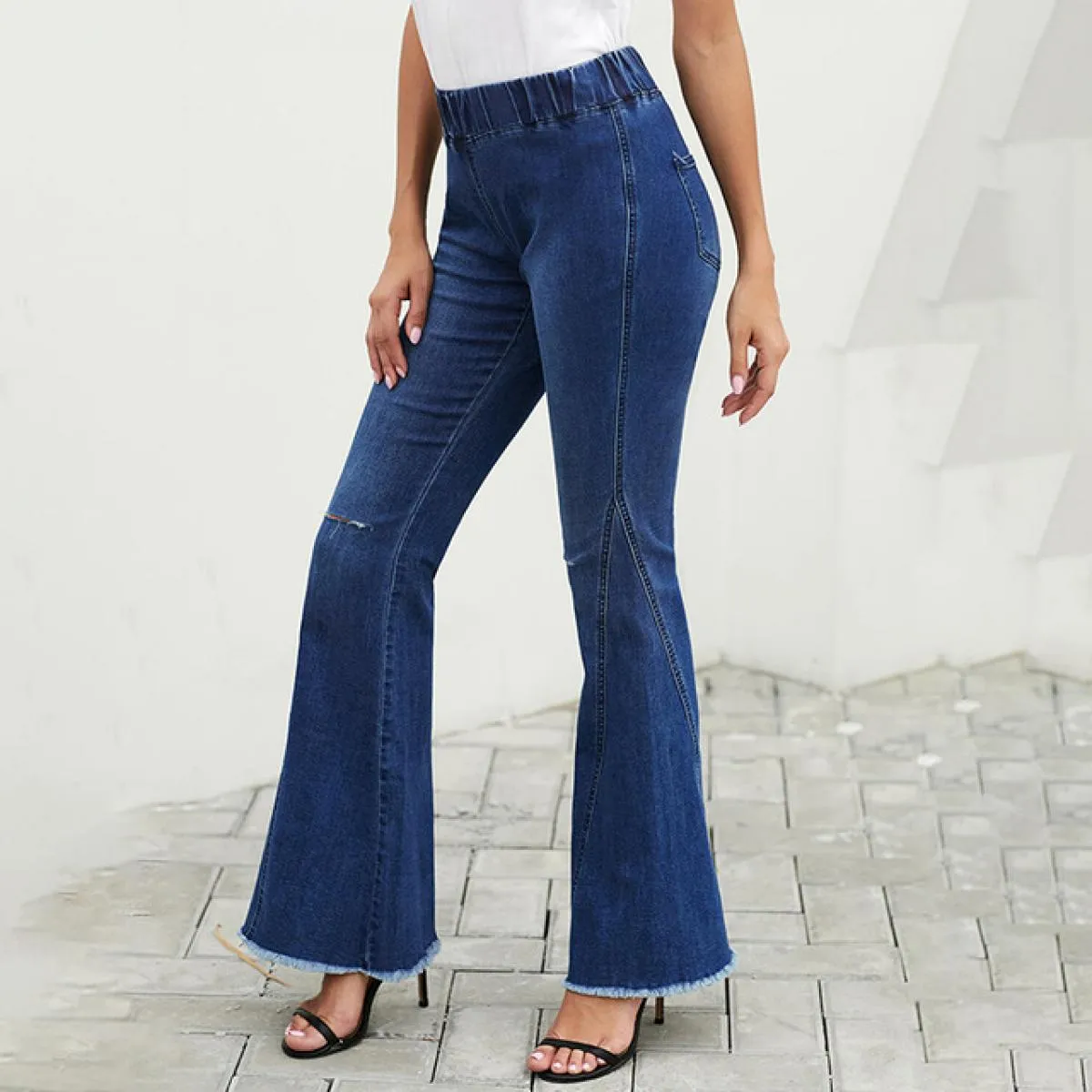Jeans da donna a vita alta 2023 primavera nuovi pantaloni svasati blu scuro streetwear pantaloni in denim casual jeans con fondo
