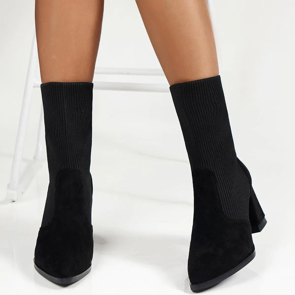 Leopard Knitting Chelsea Boots Scarpe con tacco alto Donna 2023 Inverno New Chunky Goth Calzino Stivaletti con punta a punta Déc