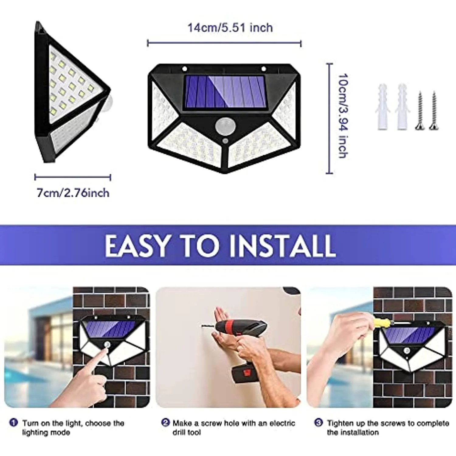 Luce solare da esterno IOTSES 100LED 2200mAh 3 modalità con sensore di movimento 270 da quattro lati IP65 Faretto impermeabile p
