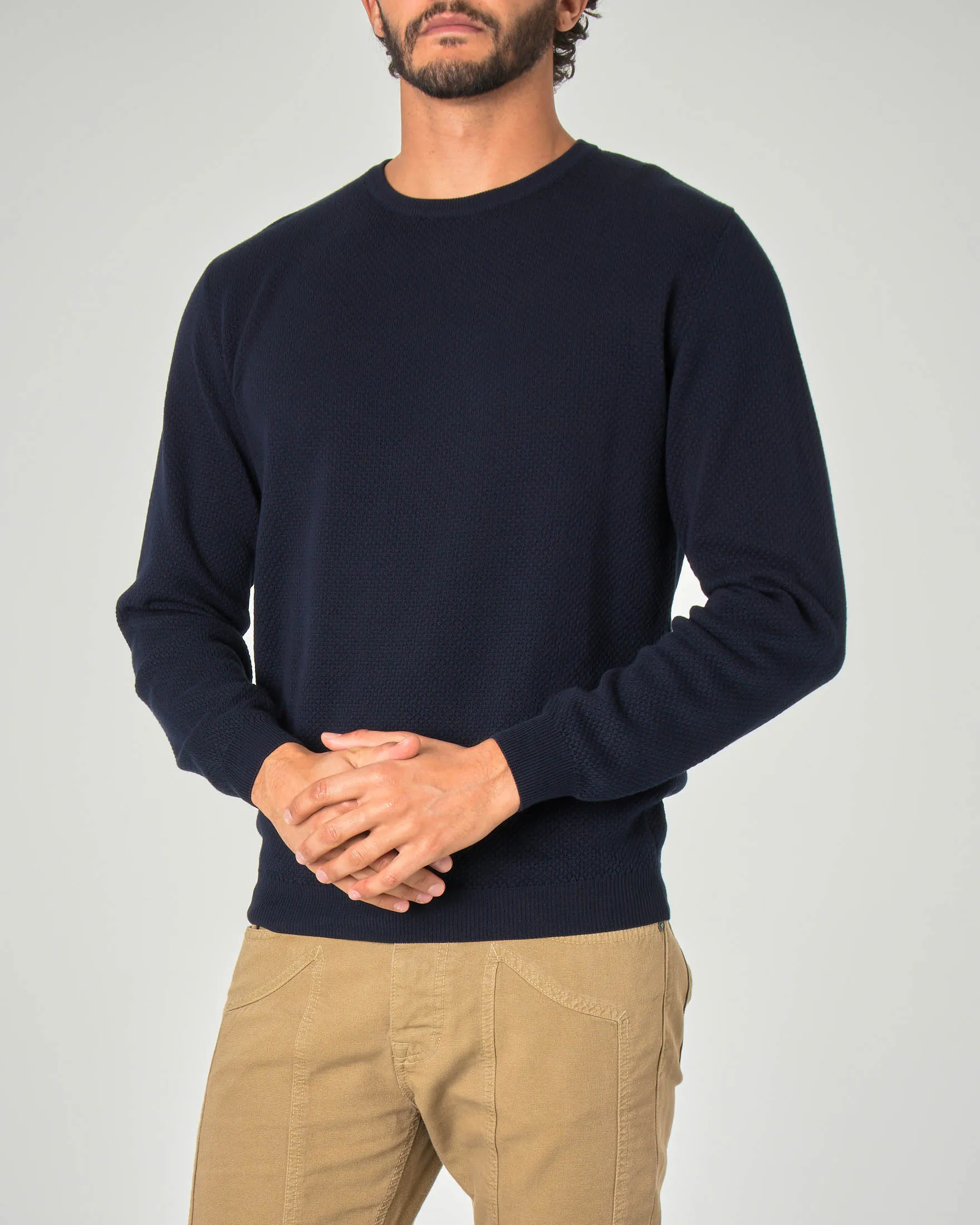 Maglia blu girocollo in cotone micro armatura