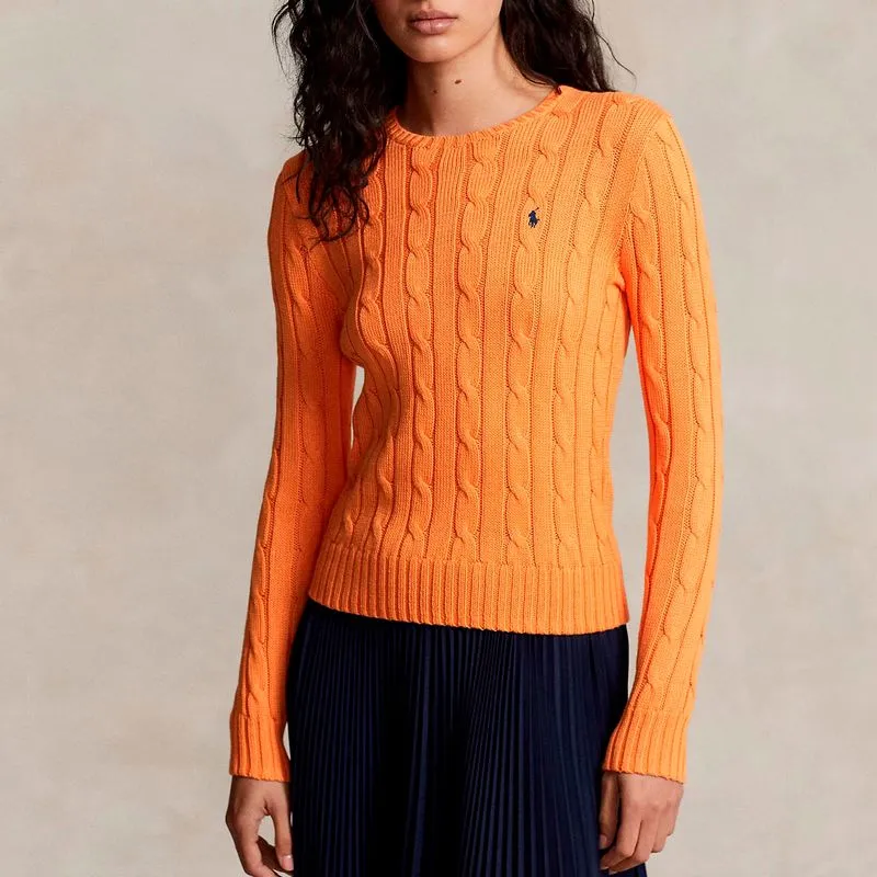 Maglione girocollo a trecce arancione con pony 
